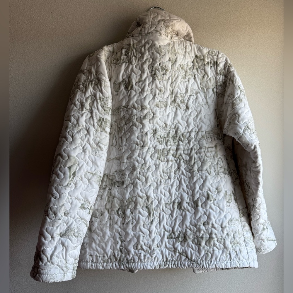 Aledo Toile Linen Quilted Jacket Farm Pattern Green White S/M - Picture 6 of 6